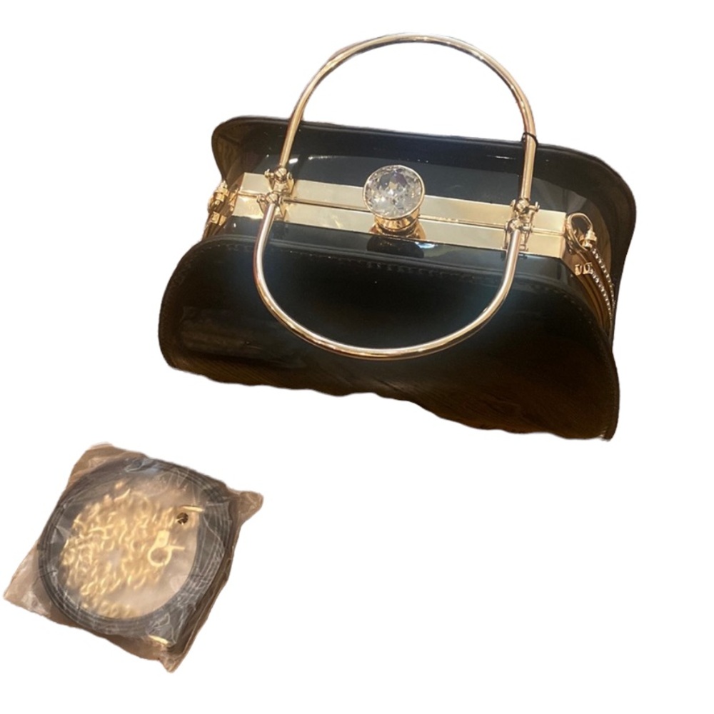 Black patent clear stone kiss lock rhinestone evening bag purse handbag new